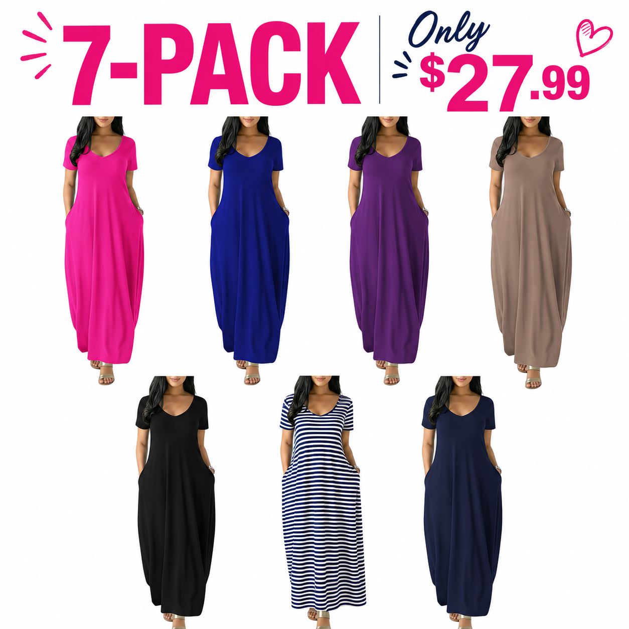 Women's Long Loungewear Dress, Casual Fitted Style, Large Round Neck Short Sleeve Pocket Sleepwear, Soft Fabric Everyday All Seasons Wear