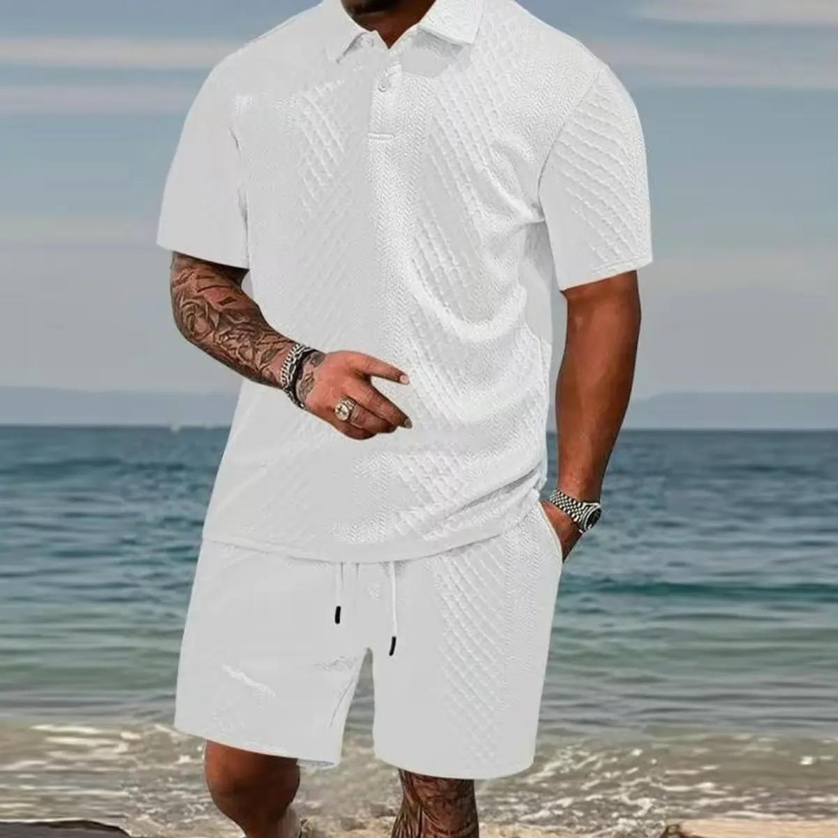 Men's summer casual texture fabric solid color polo shirt T-shirt shorts 2-piece set, loose fit suitable for casual sports, breathable and cool, essential summer outfit, comfortable and versatile  Menswear Plain