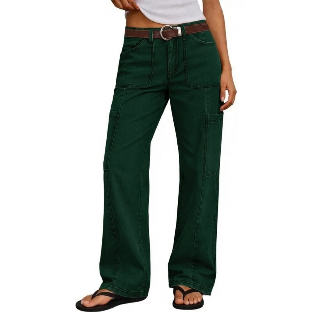 Stitch Detail Mid Waist Straight Leg Cargo Pants Without Belt