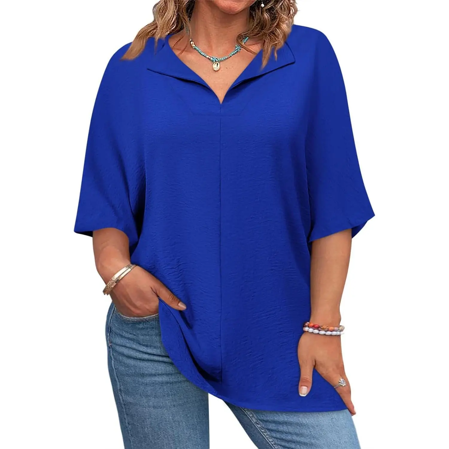 Royal blue women’s casual V-neck loose-fit blouse