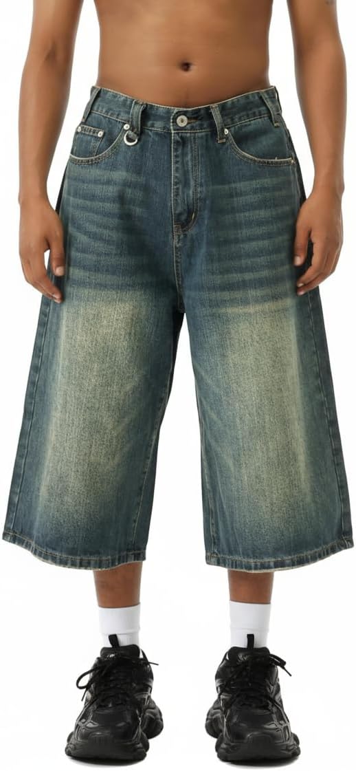 EMMIOL Baggy Jean Shorts Men, Y2k Jorts Cargo Ripped Elastic Waist, Mens Denim Shorts Comfy Casual Streetwear Summer