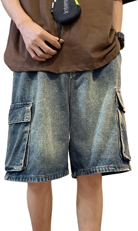 EMMIOL Baggy Jean Shorts Men, Y2k Jorts Cargo Ripped Elastic Waist, Mens Denim Shorts Comfy Casual Streetwear Summer