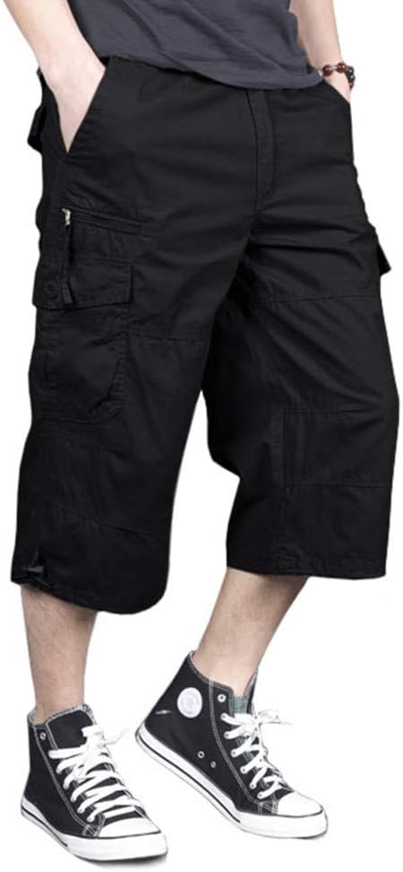 MAGNIVIT Men's Capri Long Elastic Cargo Shorts below Knee Shorts 3/4 Cotton Cargo Casual Shorts with Multi-Pockets