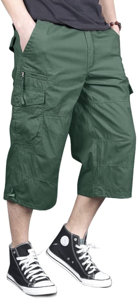 MAGNIVIT Men's Capri Long Elastic Cargo Shorts below Knee Shorts 3/4 Cotton Cargo Casual Shorts with Multi-Pockets