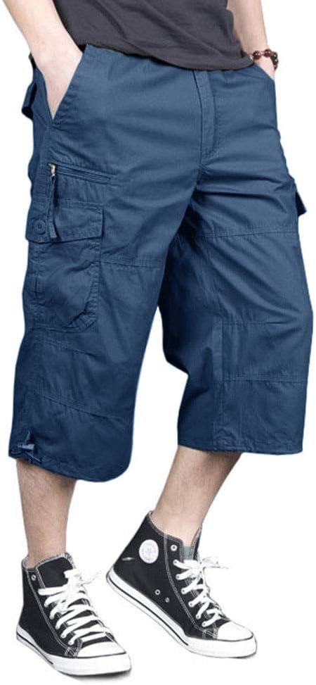 MAGNIVIT Men's Capri Long Elastic Cargo Shorts below Knee Shorts 3/4 Cotton Cargo Casual Shorts with Multi-Pockets