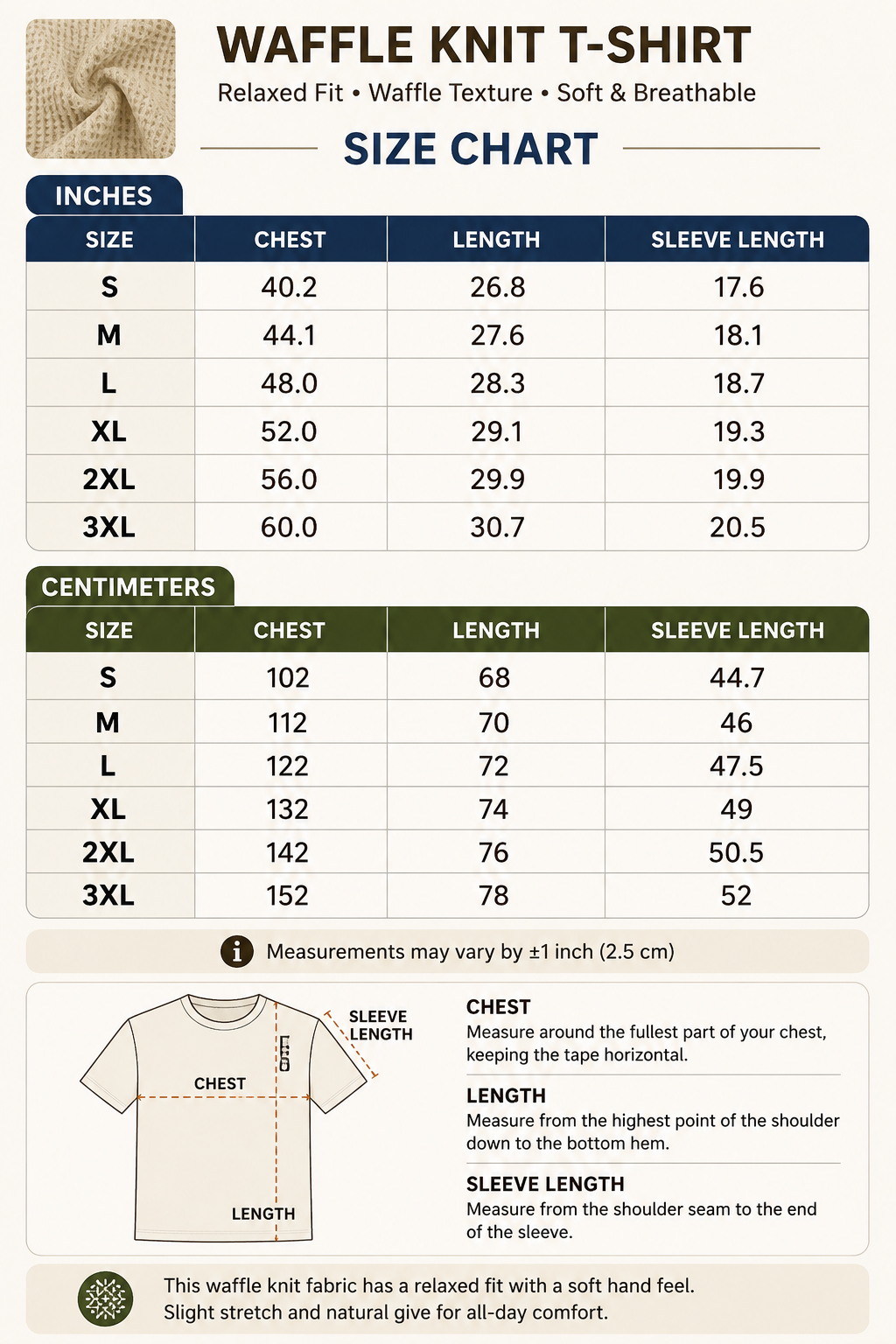 Waffle knit crewneck T-shirt size chart