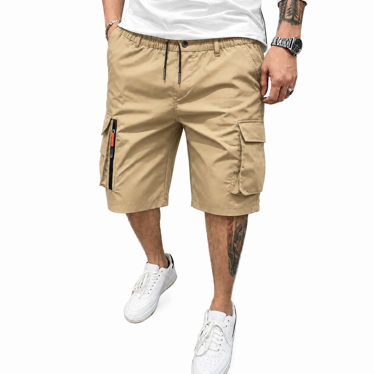 Men's Athleisure Cargo Shorts (8-Pack) — Multi-pocket design, elastic drawstring waistband, decorative faux fly; suitable for outdoor hiking, daily running, and commuting.