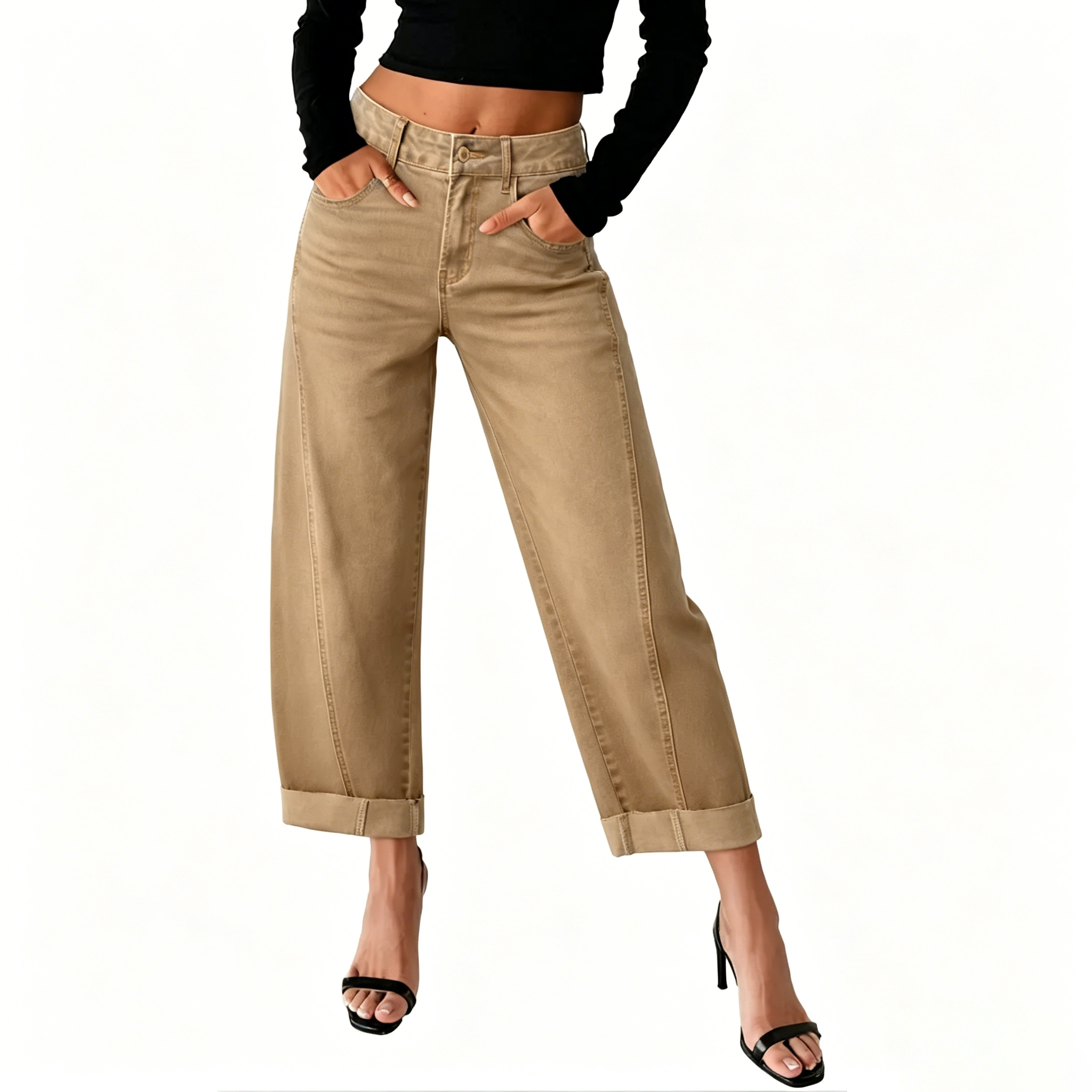 Women's High Waisted Wide Leg Cropped Denim Jeans