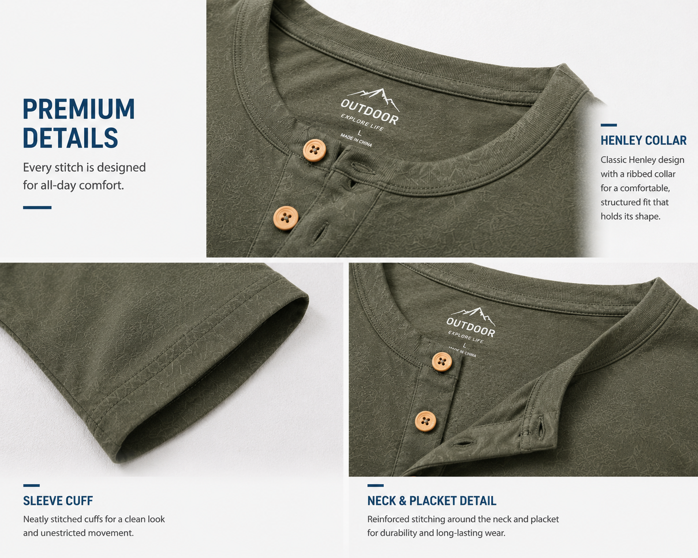 Ribbed collar and henley placket detail
