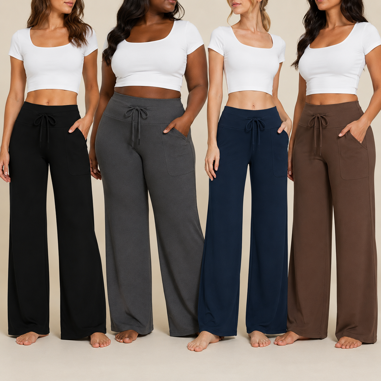 Four adult models wearing wide leg lounge pants in black, gray, navy, and mocha brown