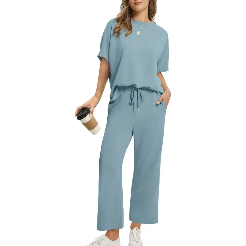 Two Piece Sets for Women Summer Outfits Oversized Wide Leg Crop Pants Lounge Sets Airport Beach Vacation Clothes |(Size Up 1-2 for Oversized Look) Casual Shortsleeve