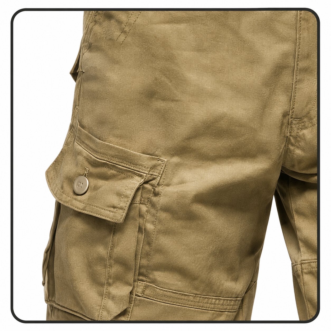 Side flap cargo pocket detail on men's belted cargo shorts