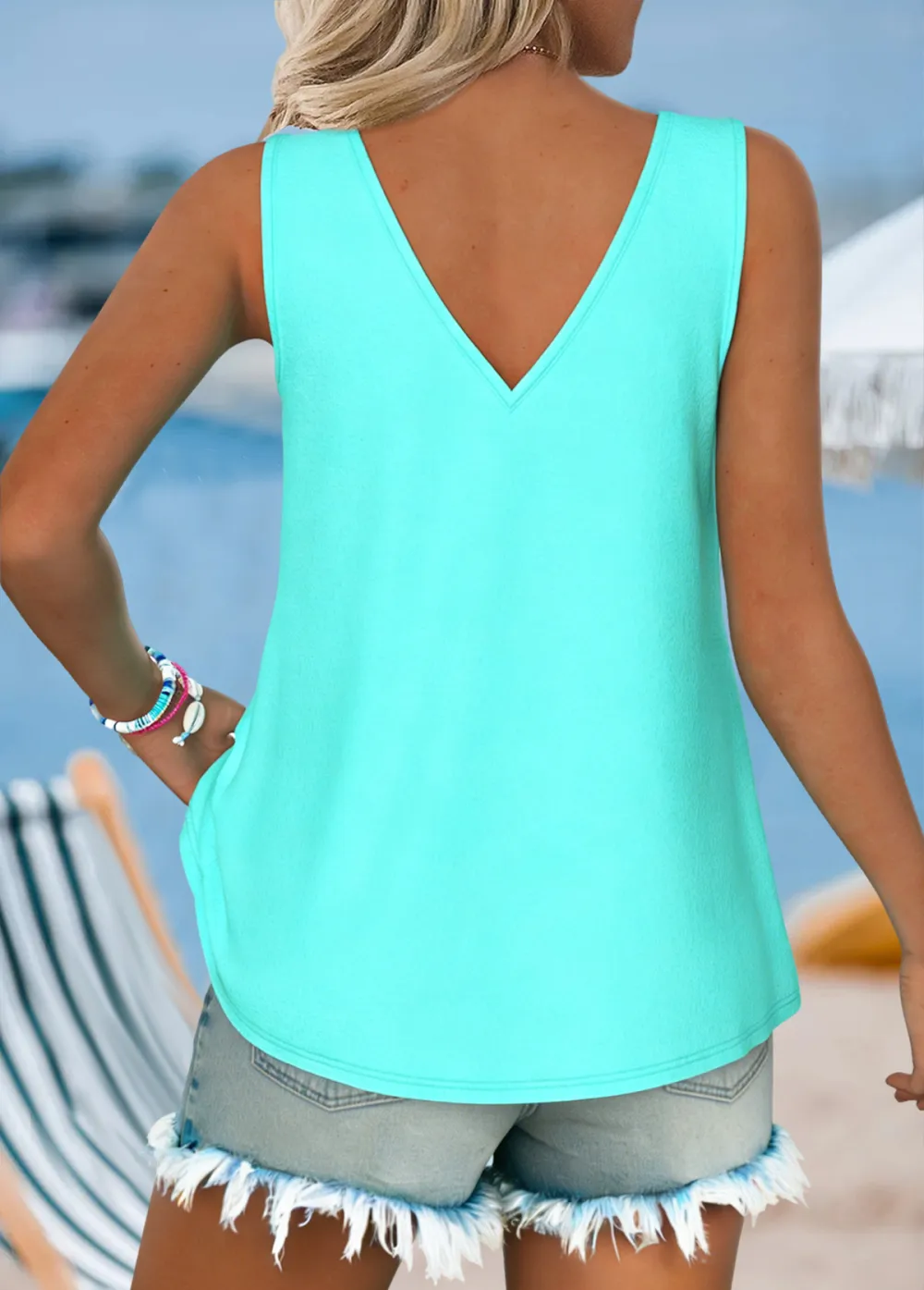 Dusty Blue Tummy Coverage Striped Strappy Tank Top