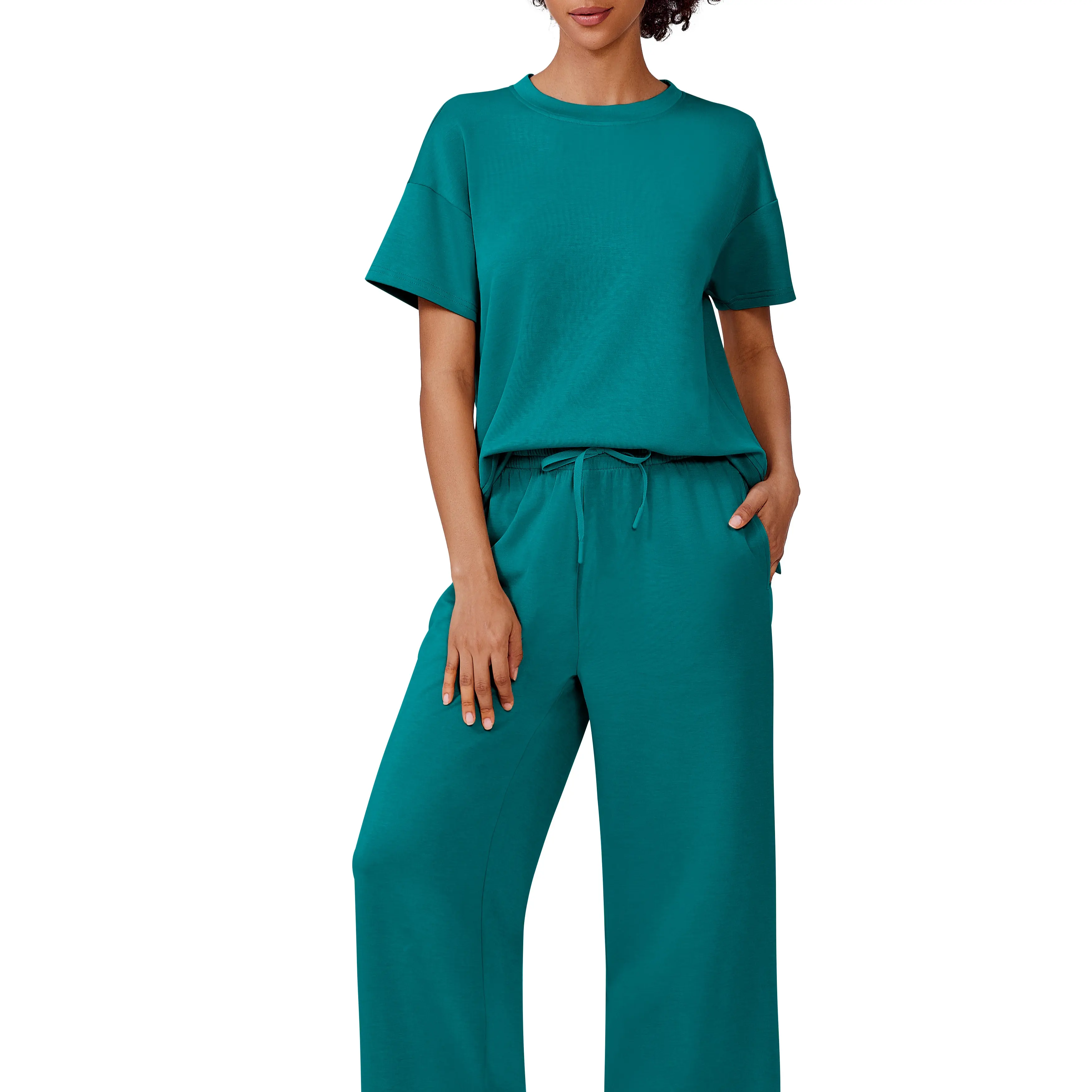 2 Piece Sets for Women Soft Short Sleeve Matching Lounge Set Wide Leg Pants Tracksuit Travel Summe Travel Kitr Outfits 2026 SwimWeek summerwins