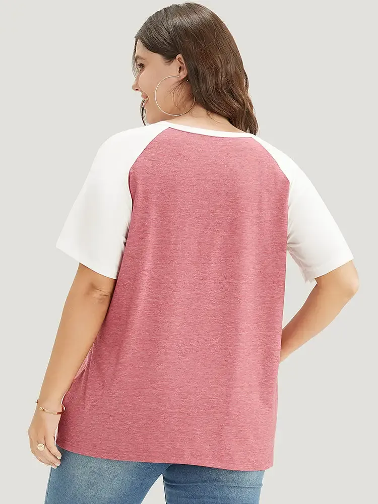 Plus size colorblock notched raglan tee front view