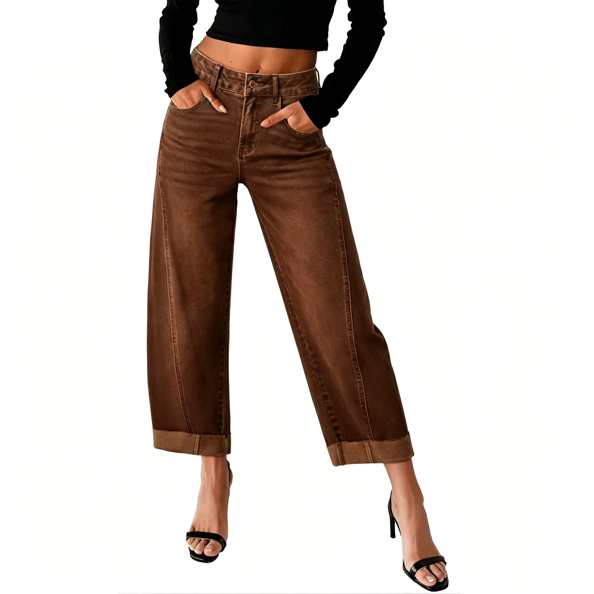 Women's High Waisted Wide Leg Cropped Denim Jeans