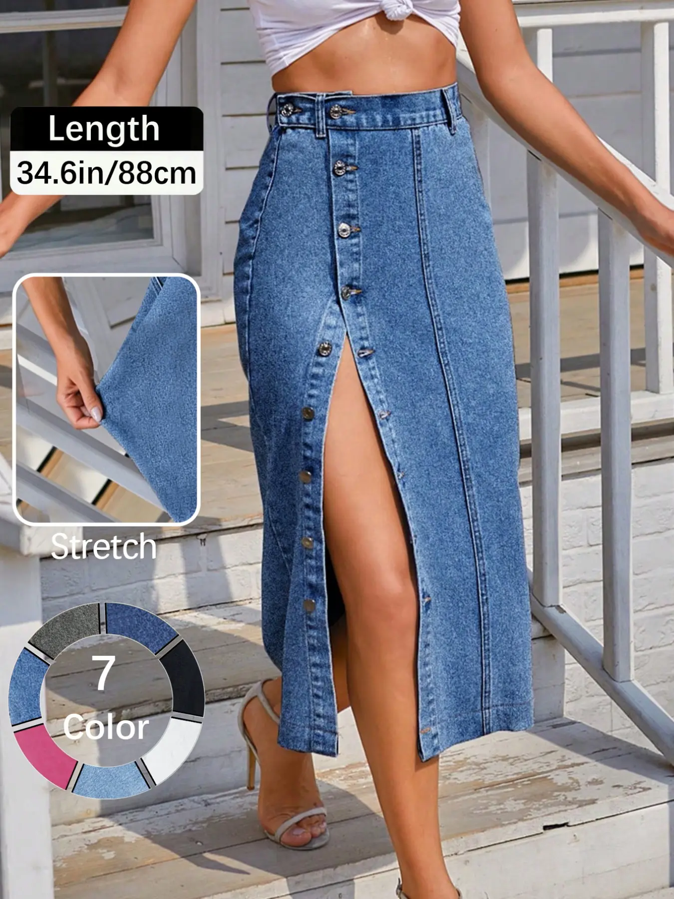 Jeans Women's Button Front Light Wash Denim Split Hem Skirt, Casual Fashion Fitted Skirt for Daily Wear, Ladies Bottoms for All Seasons, Button Fly Skirt