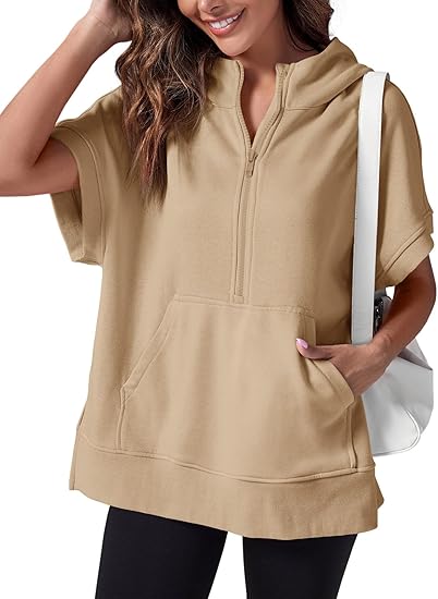 Women's Oversized Half Zip Hoodies Short Sleeve Casual Sweatshirts Pullover Tops with Pockets