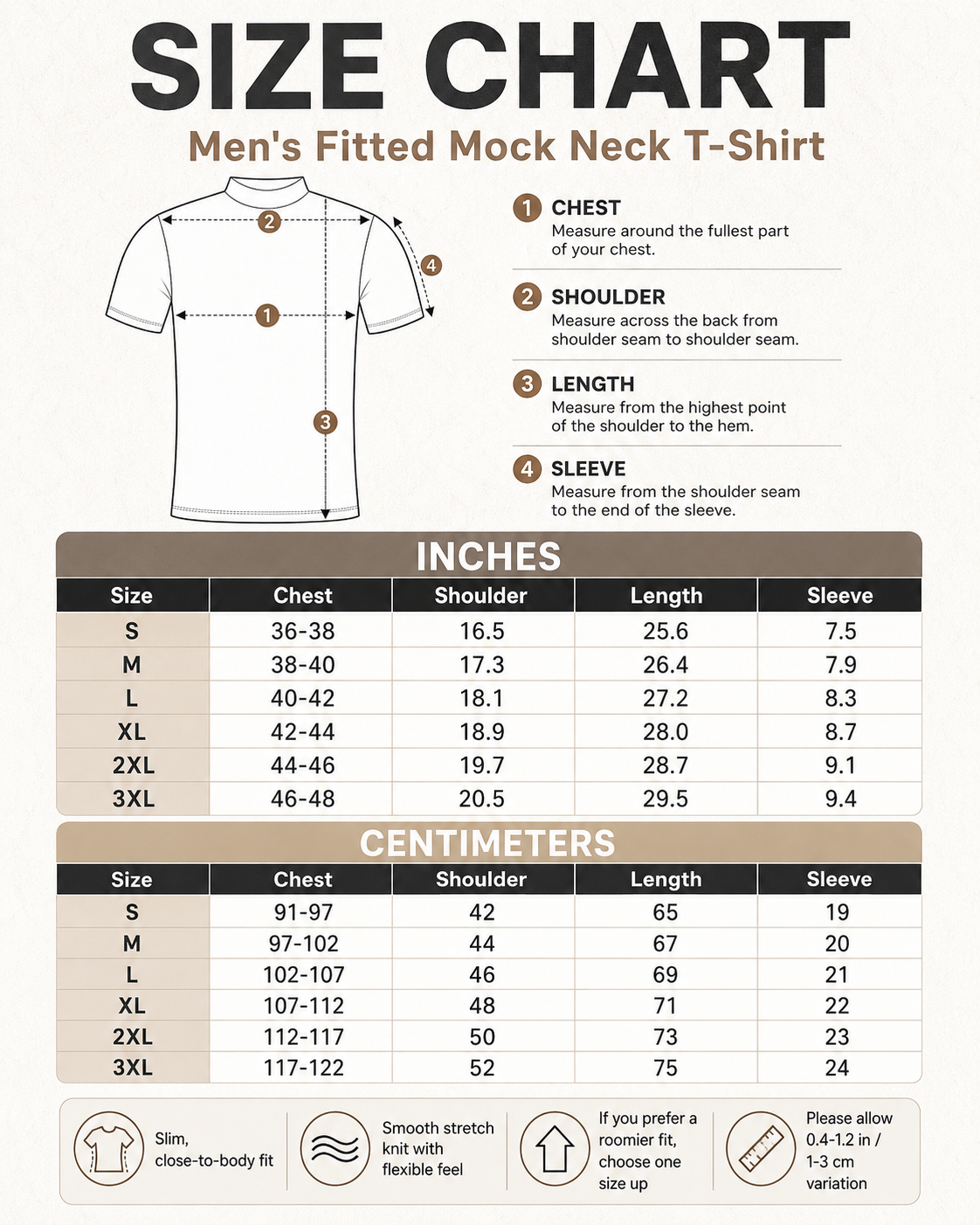Men's fitted mock neck T-shirt size guide