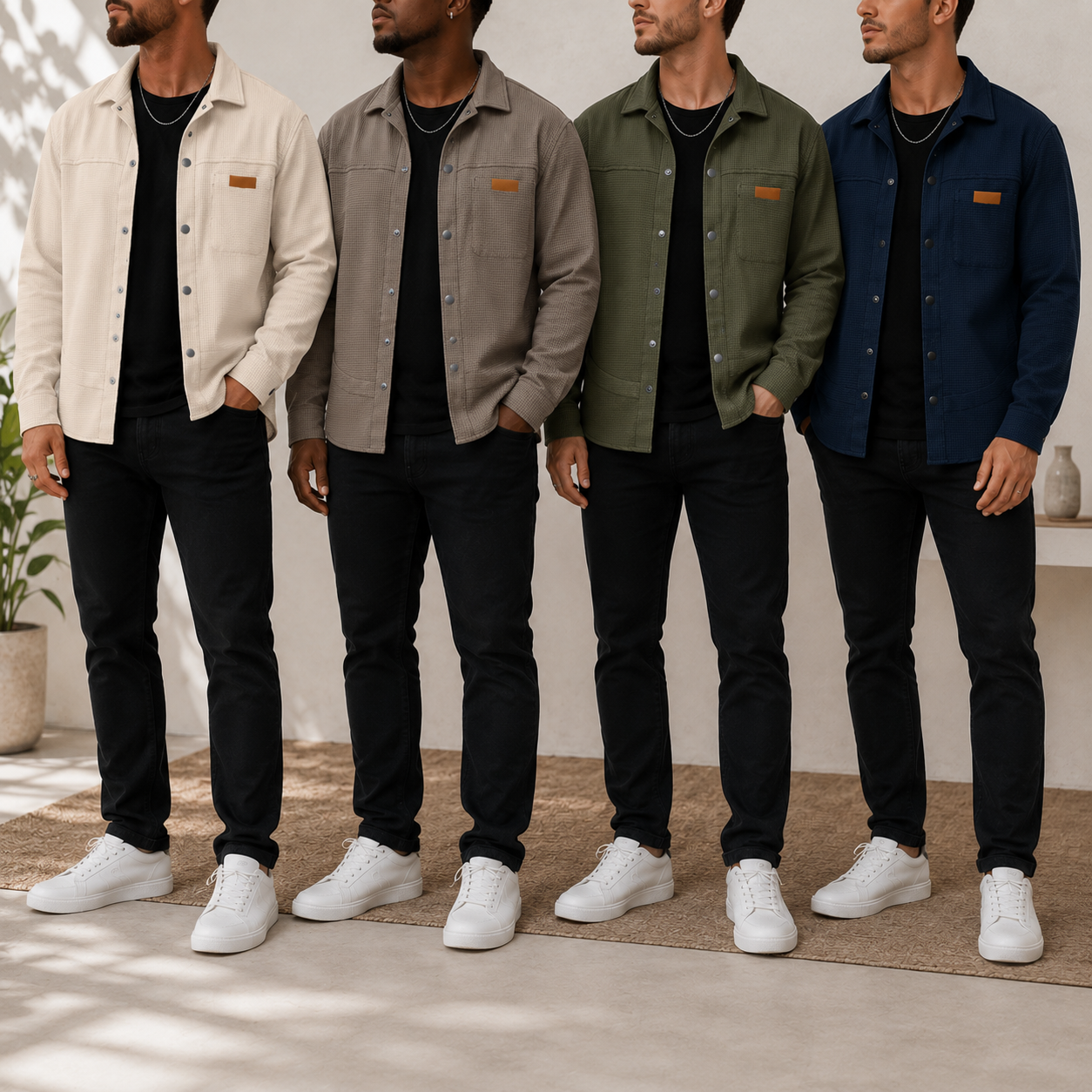 Four men wearing waffle texture snap-front overshirts