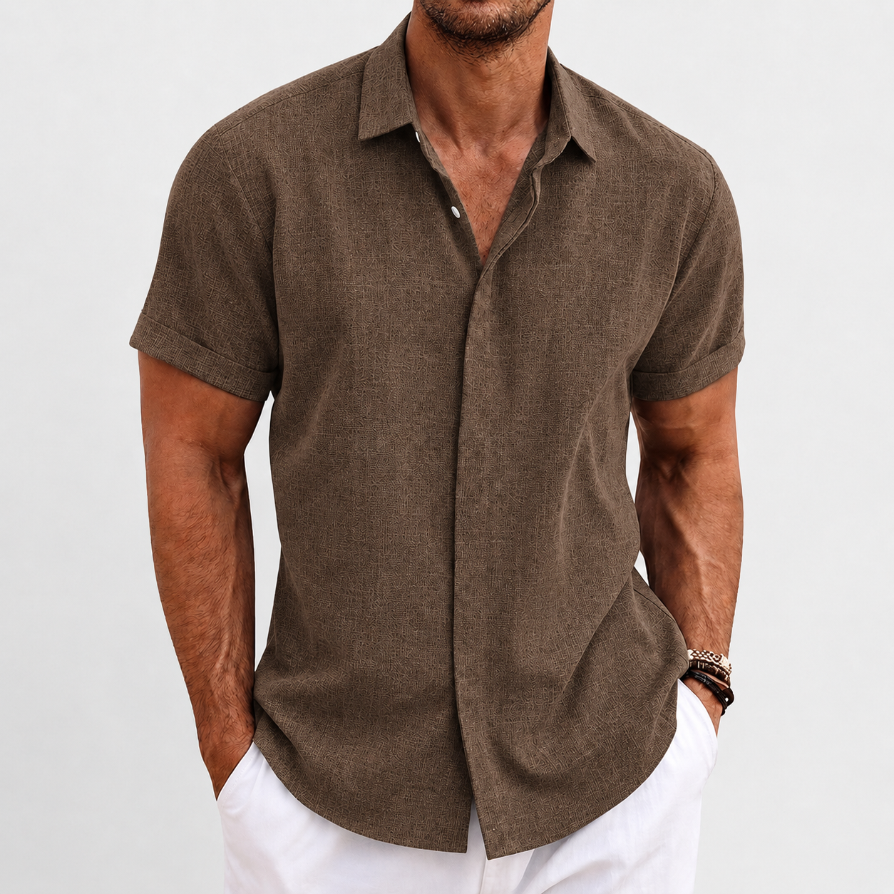 Cocoa Brown short-sleeve button-up shirt model image