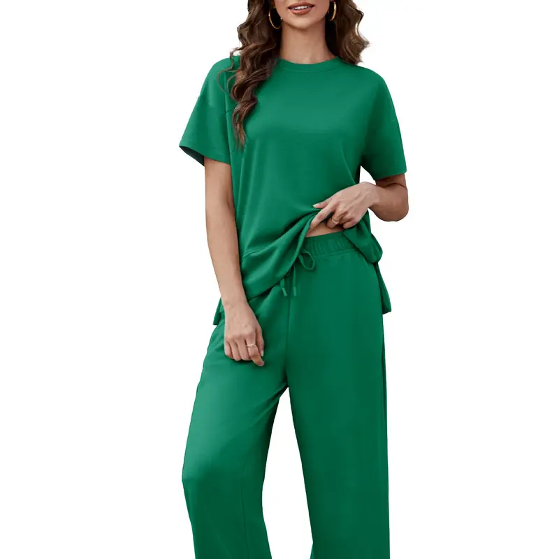 2 Piece Sets for Women Soft Short Sleeve Matching Lounge Set Wide Leg Pants Tracksuit Travel Summe Travel Kitr Outfits 2026 SwimWeek summerwins