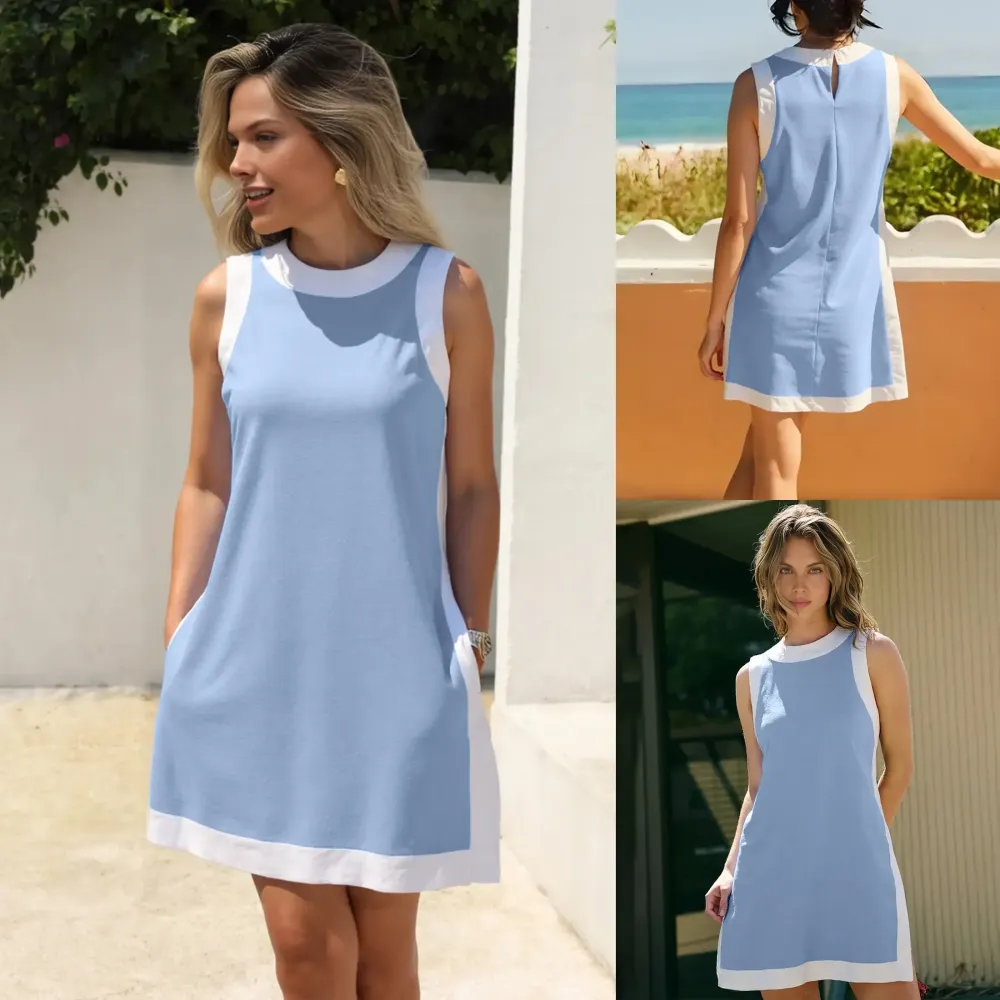 Women's color-blocked crew neck sleeveless pullover with shorts with pockets