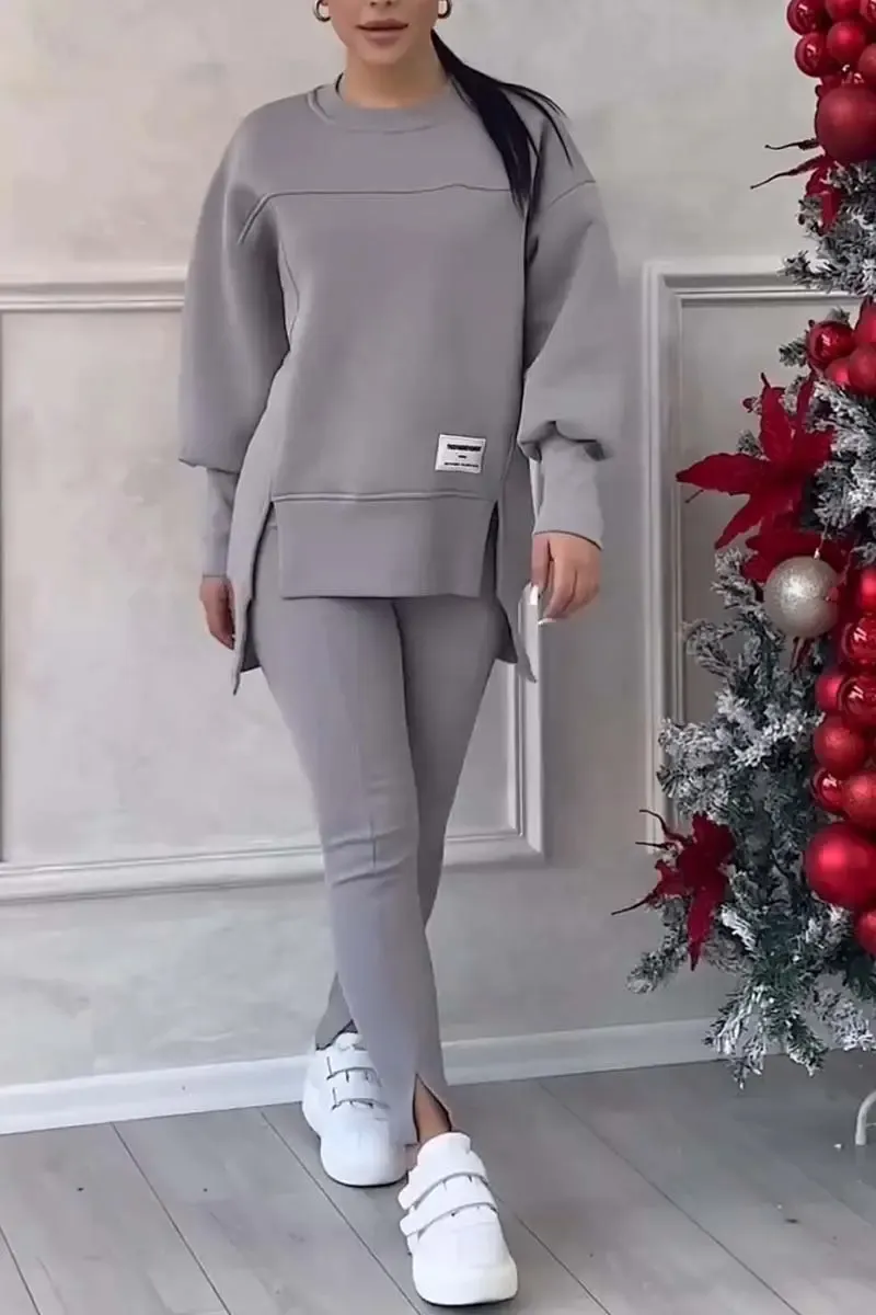 ⏰Winter Clearance Sale - 80% Off 🔥Women's Casual Solid Color Round Neck Long Sleeve Slit Hem Sweatshirt Leggings Set