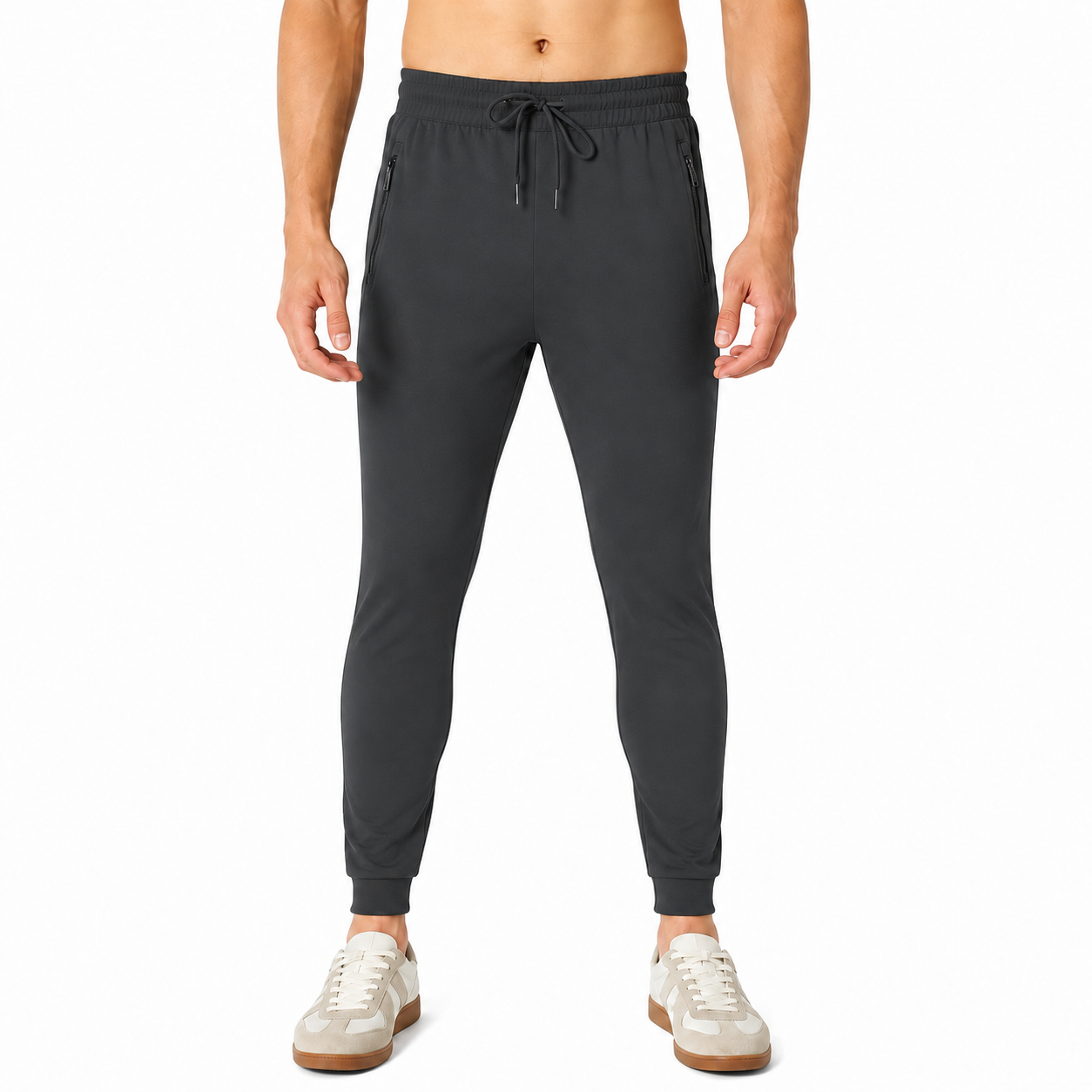 Jet Black jogger pants front view