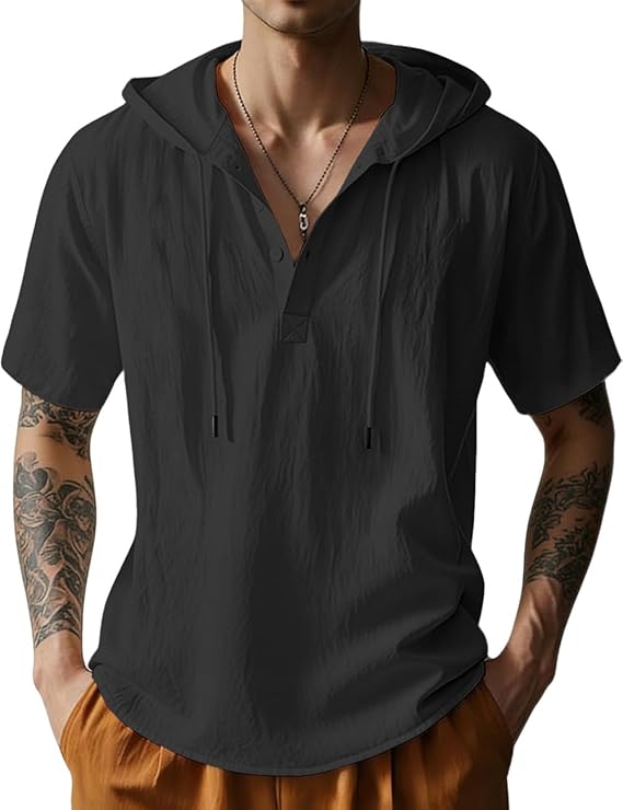 Men's Cotton Linen Shirts Short Sleeve Casual Button Down Hoodies Summer Hawaiian Beach Top with Drawstring