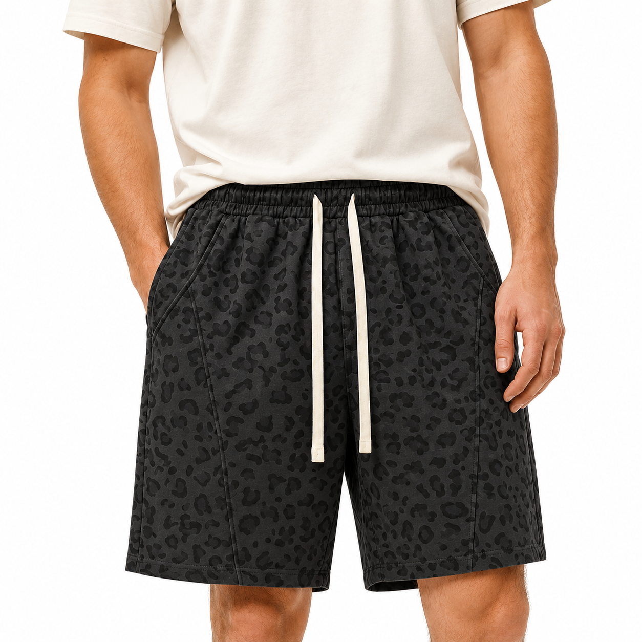 Black leopard men's casual shorts front view