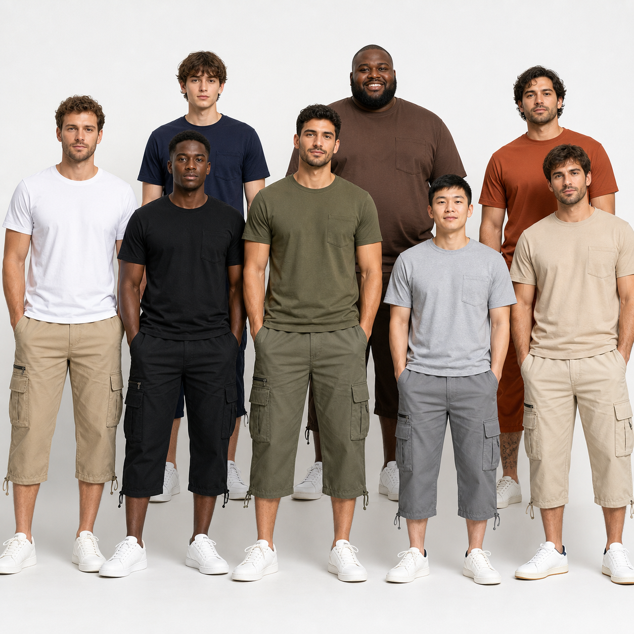 Group image showing the same cargo capri pants across multiple body types