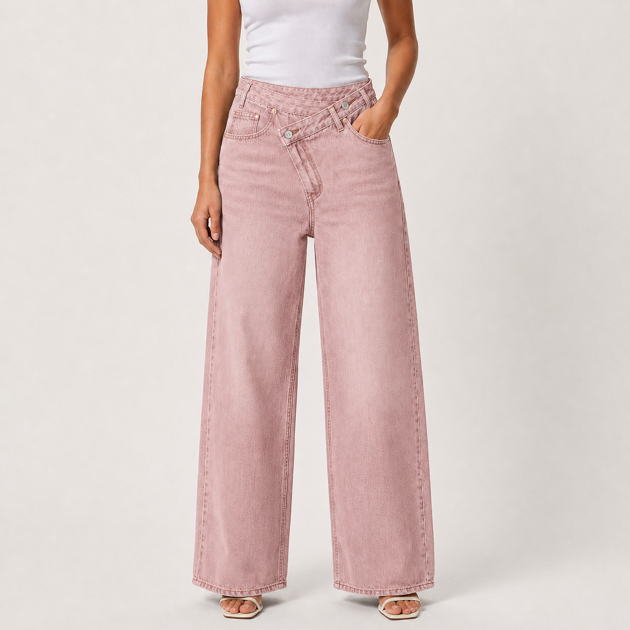Dusty pink asymmetric wide leg denim jeans