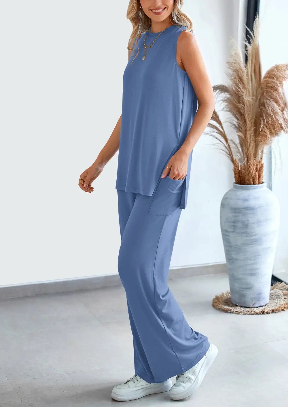 2 Piece Set LooseTank Top Wide Leg Pants CasualMatching Outfits Tracksuit