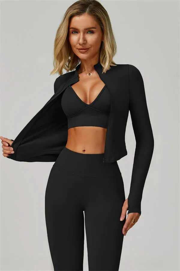 ⏰Limited-Time Sale💥Women's Solid Criss Cross Crop Tank Top & High Waist Leggings & Zip Up Crop Jacket Tracksuit Set
