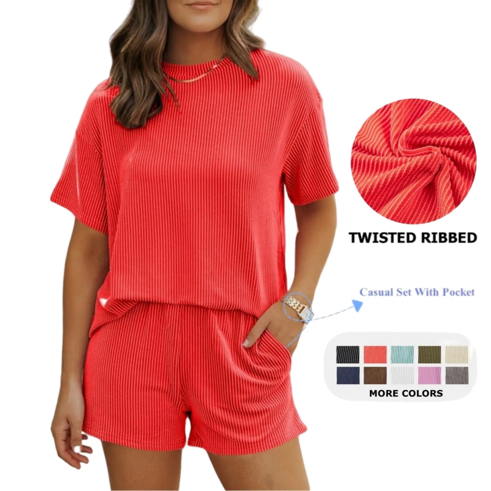 Women's Summer Ribbed Pajama Set with Pockets