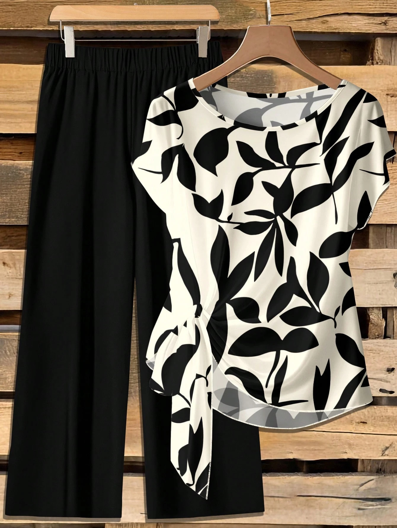 Women s Casual Printed Necktie Shirt & Loose Straight Pant Set