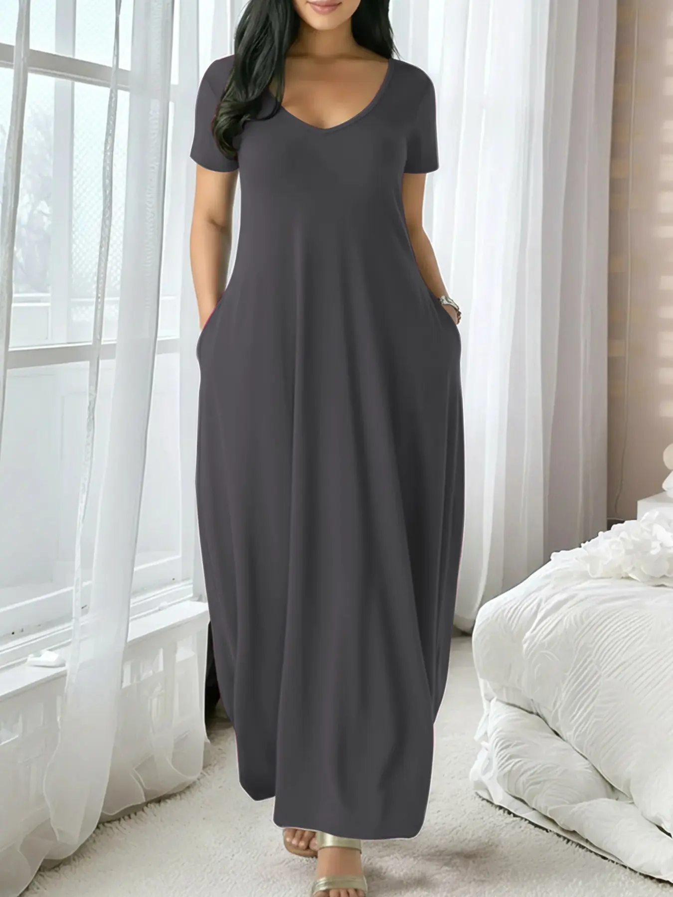 Women's Long Loungewear Dress, Casual Fitted Style, Large Round Neck Short Sleeve Pocket Sleepwear, Soft Fabric Everyday All Seasons Wear