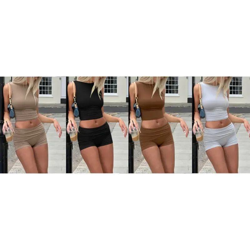 Two-piece Set Women's Solid Crop Top & Shorts