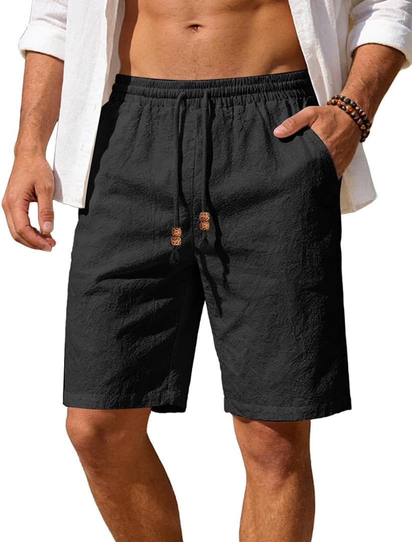 Men's Cotton Linen Shorts Casual Elastic Waist Drawstring Summer Beach Vacation Shorts with Pockets