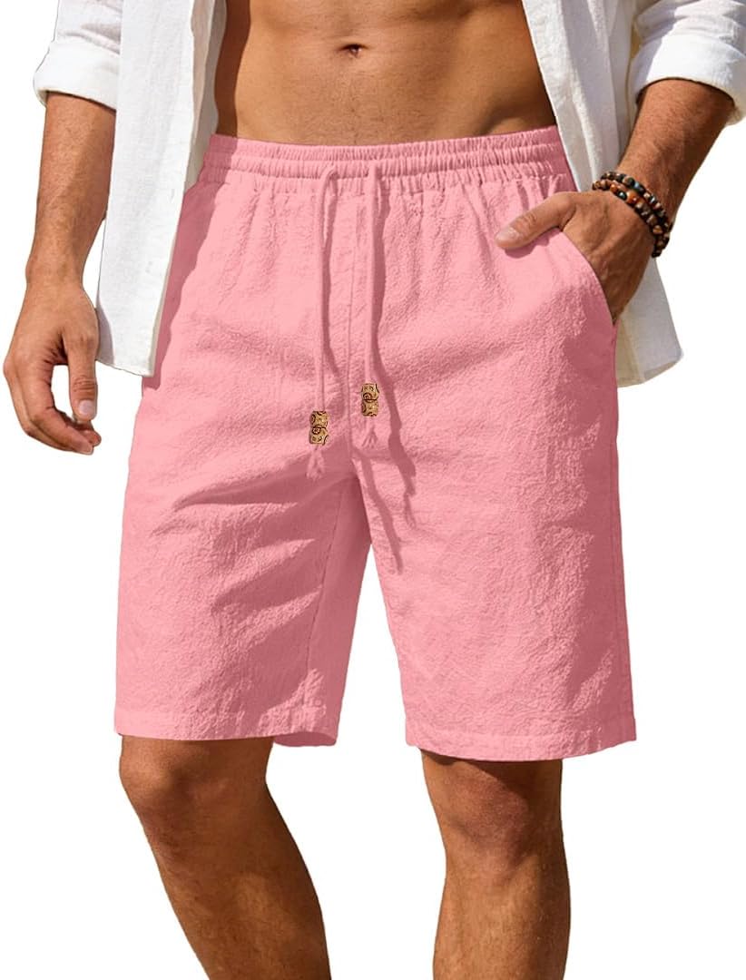Men's Cotton Linen Shorts Casual Elastic Waist Drawstring Summer Beach Vacation Shorts with Pockets