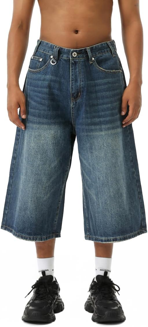 EMMIOL Baggy Jean Shorts Men, Y2k Jorts Cargo Ripped Elastic Waist, Mens Denim Shorts Comfy Casual Streetwear Summer