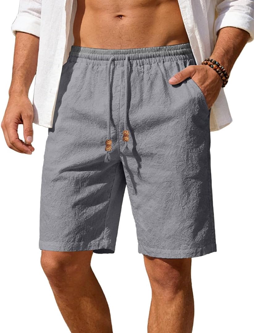 Men's Cotton Linen Shorts Casual Elastic Waist Drawstring Summer Beach Vacation Shorts with Pockets