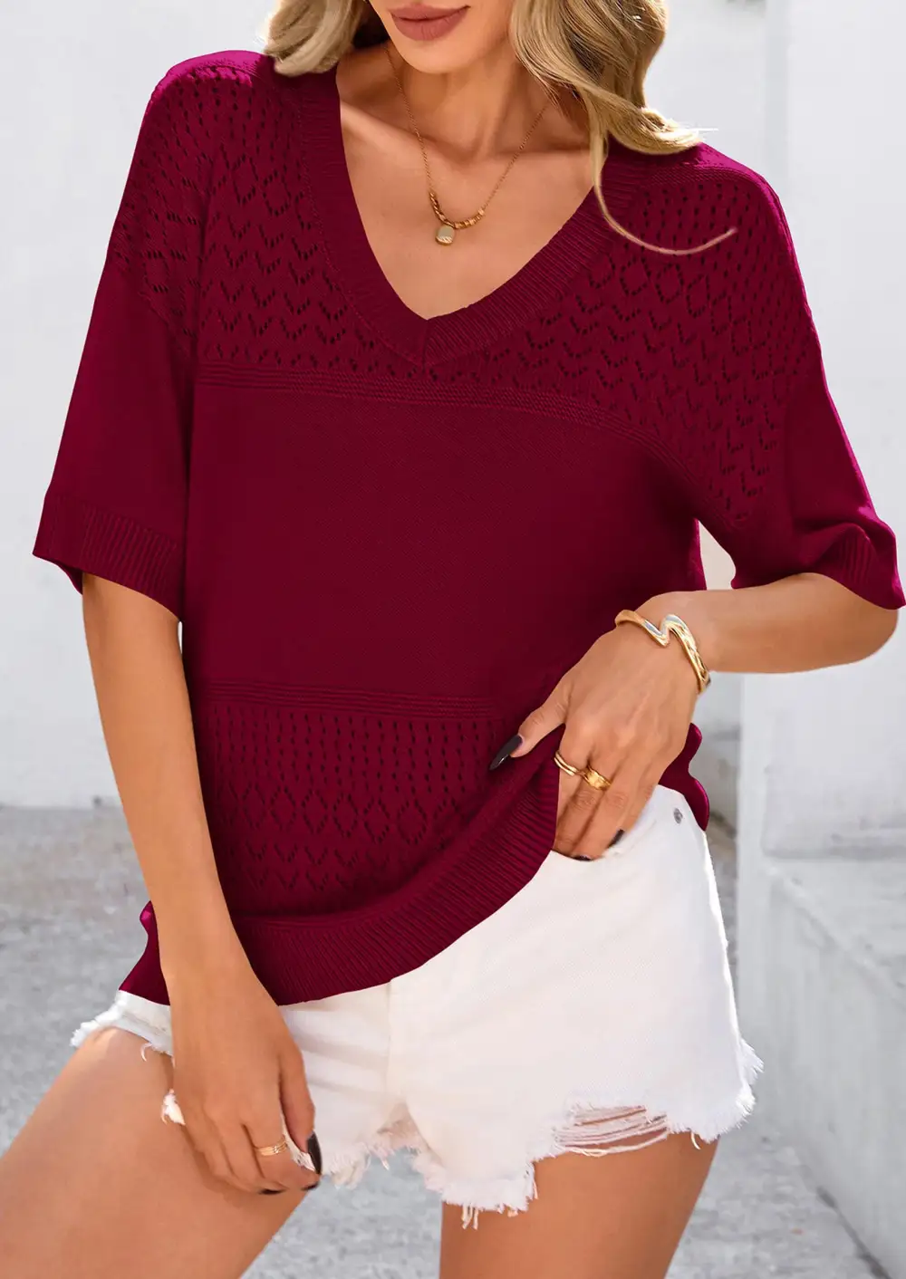 Women's ShortSleeve Sweater Tops SpringSummer Casual V Neck Ribbed KnitTrendy Eyelet Blouse T Shirts