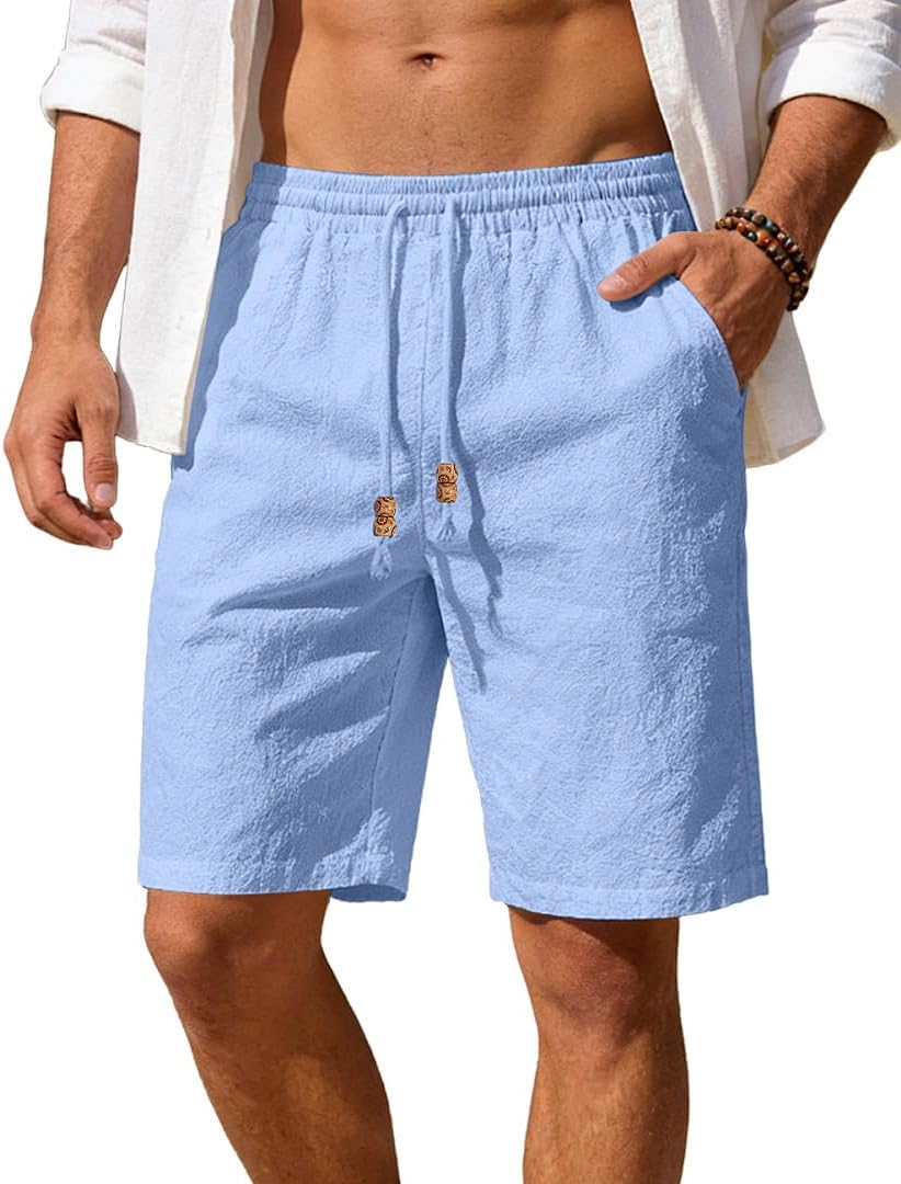 Men's Cotton Linen Shorts Casual Elastic Waist Drawstring Summer Beach Vacation Shorts with Pockets