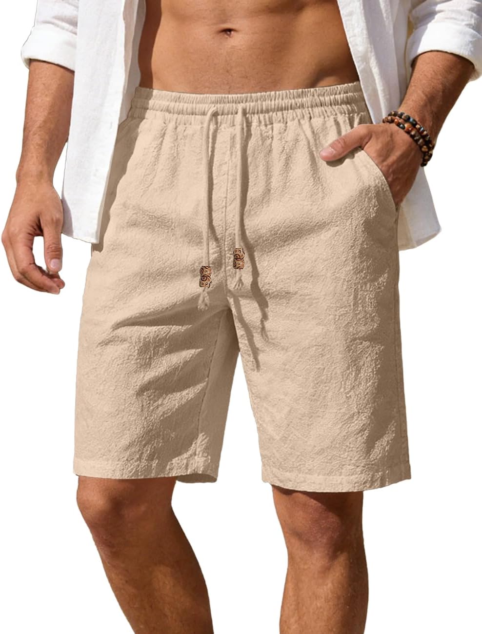 Men's Cotton Linen Shorts Casual Elastic Waist Drawstring Summer Beach Vacation Shorts with Pockets