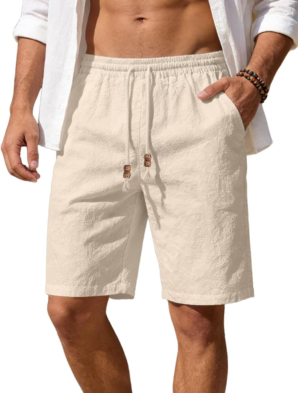 Men's Cotton Linen Shorts Casual Elastic Waist Drawstring Summer Beach Vacation Shorts with Pockets