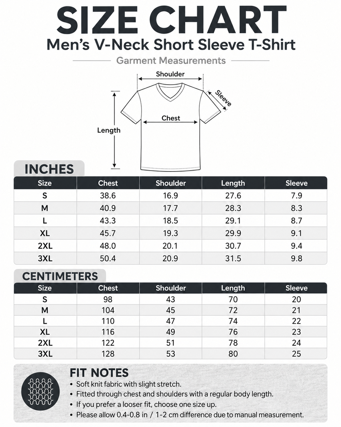 Men's V-neck short sleeve T-shirt size chart