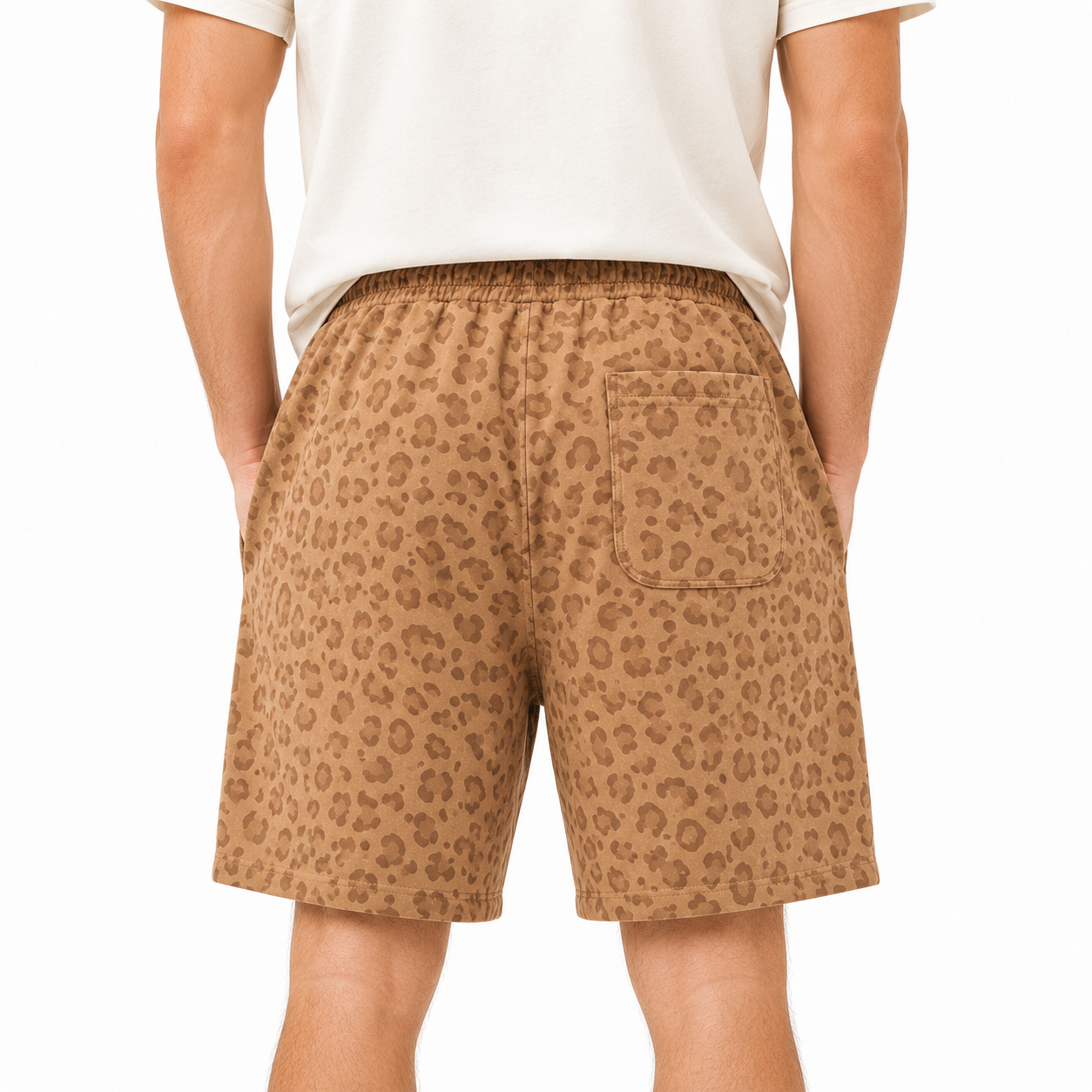 Brown leopard men's casual shorts back view