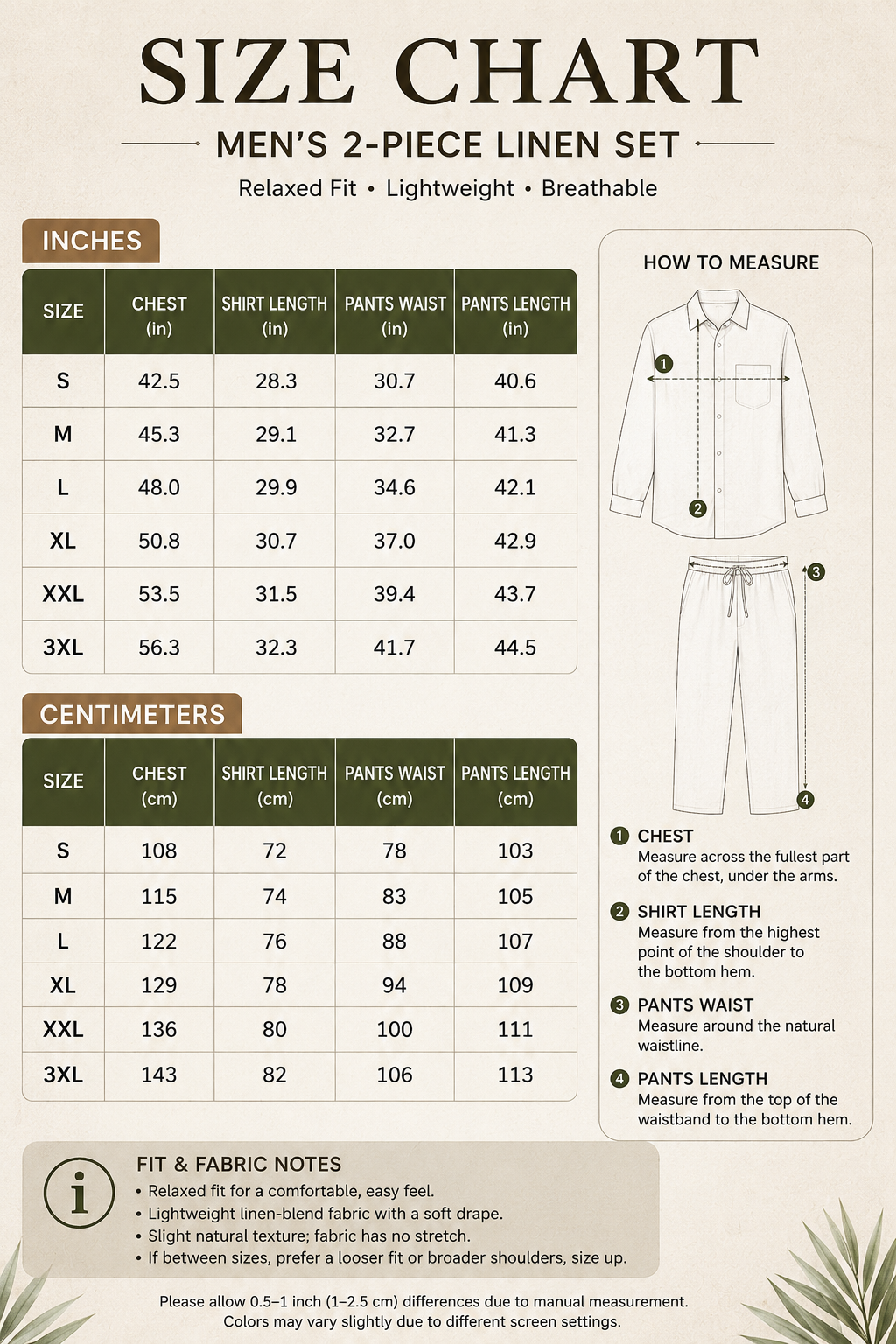Size chart for men's textured two-piece resort shirt and pants set